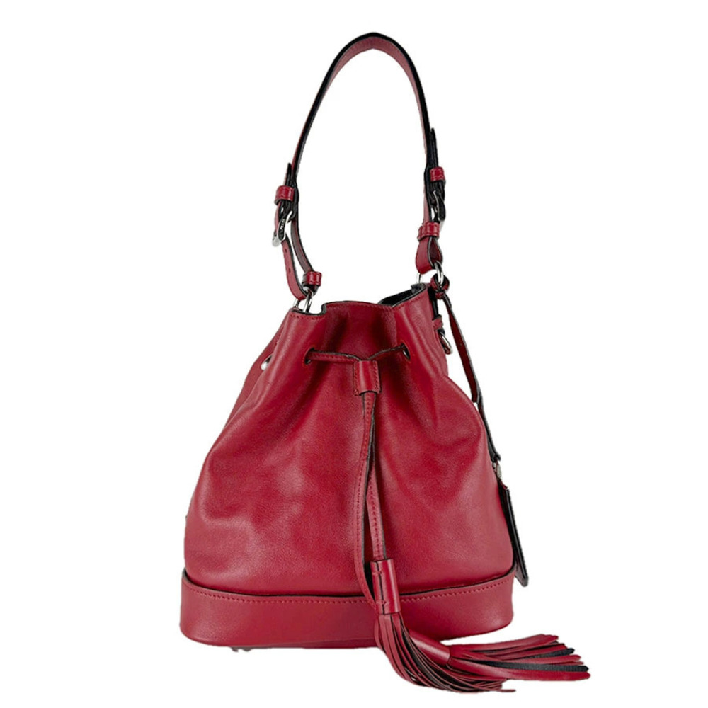 Prada red leather drawstring bag tassel Soft Calf Leather Bucket